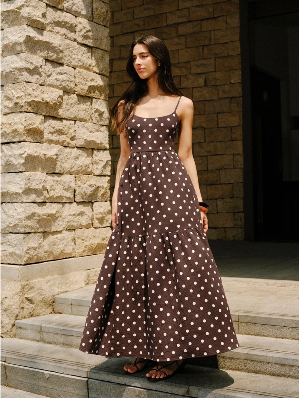 Commense Brown & White Polka Dot Spaghetti-Strap Tiered Maxi Dress - Picture 4 of 8